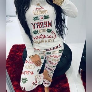 Women's 2 Piece Christmas Long Sleeve Letter Leaf Star Print Pajamas Large